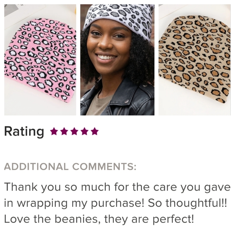 Leopard Print Beanie White Grey - Picture 2 of 13